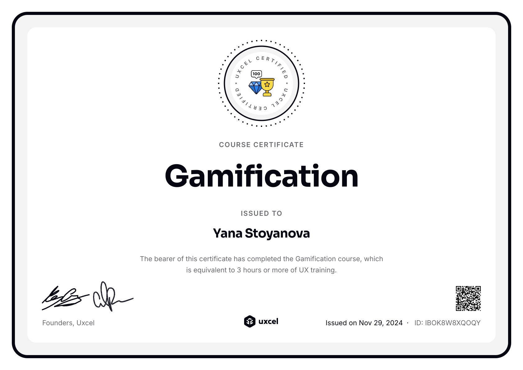 Yana Stoyanova's certificate